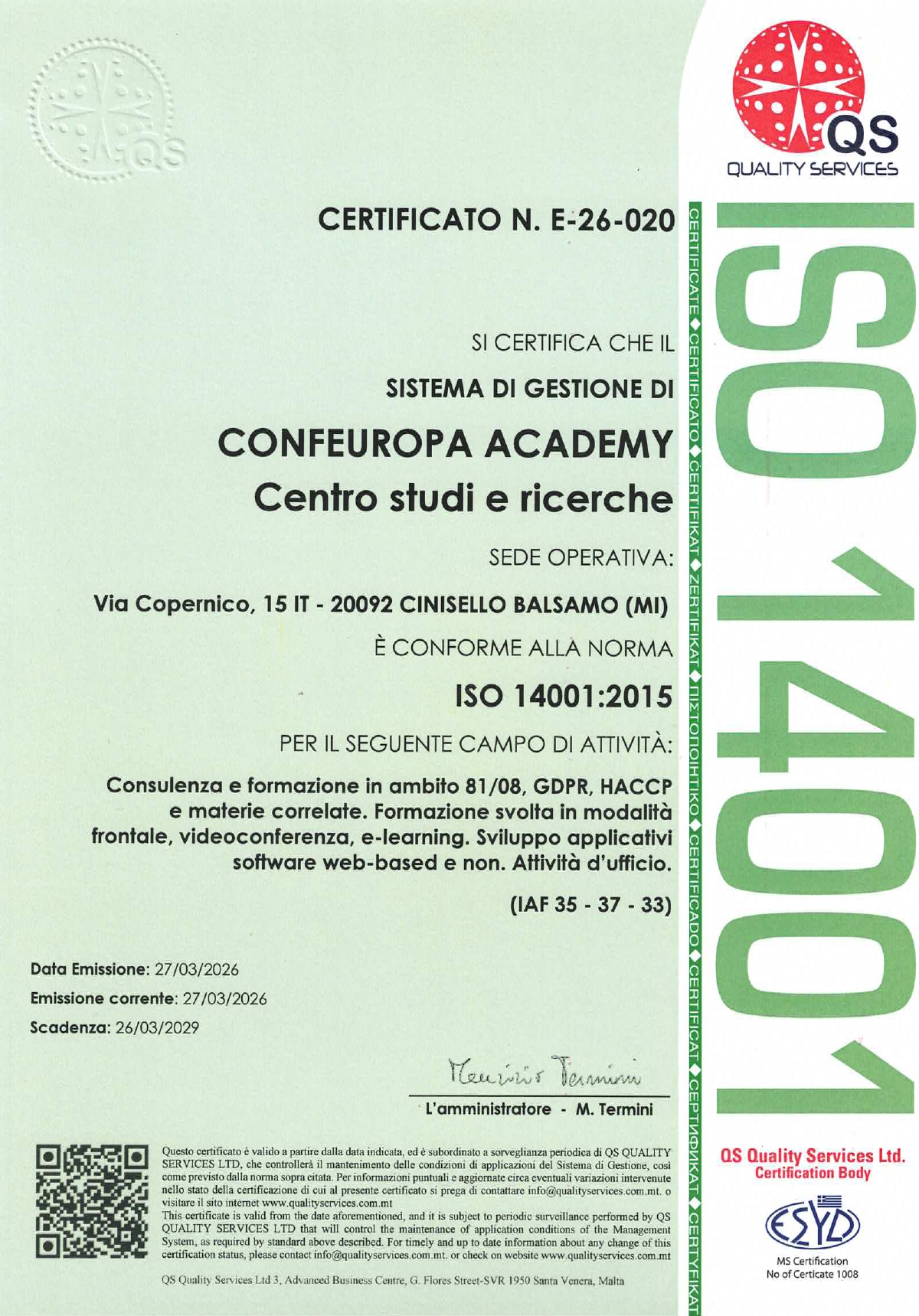 Certificato ISO 14001